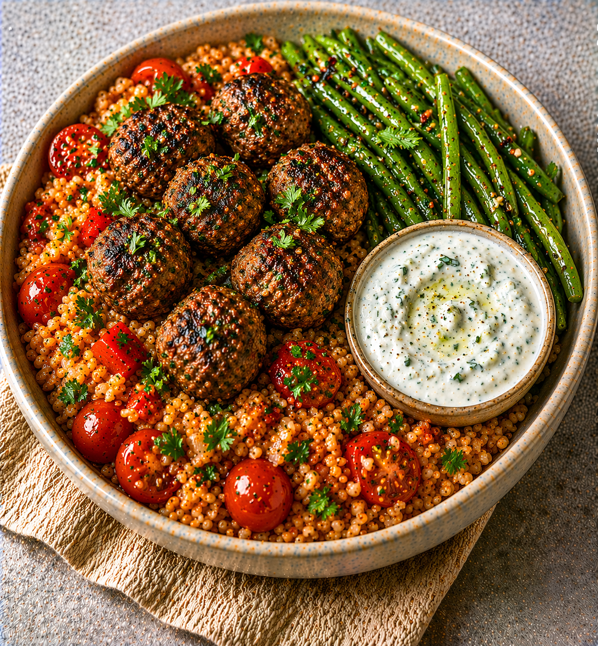 Beef Kofta with Tomato Couscous & Greens