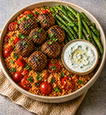 Beef Kofta with Tomato Couscous & Greens