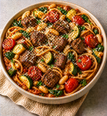 Beef Steak, Bean & Veggie Pasta Bake