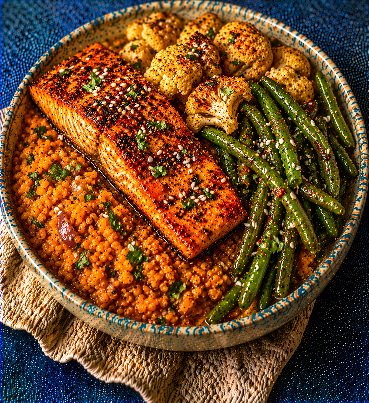 Cajun Salmon with Spiced Red Lentils & Greens