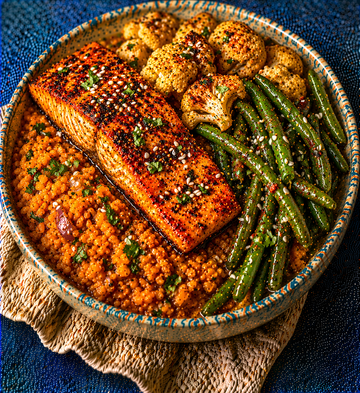 Cajun Salmon with Spiced Red Lentils & Greens