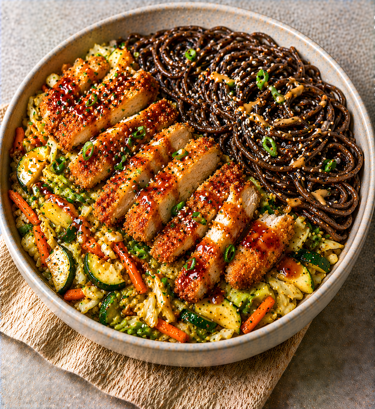 Chicken Katsu Stir Fry with Black Bean Spaghetti