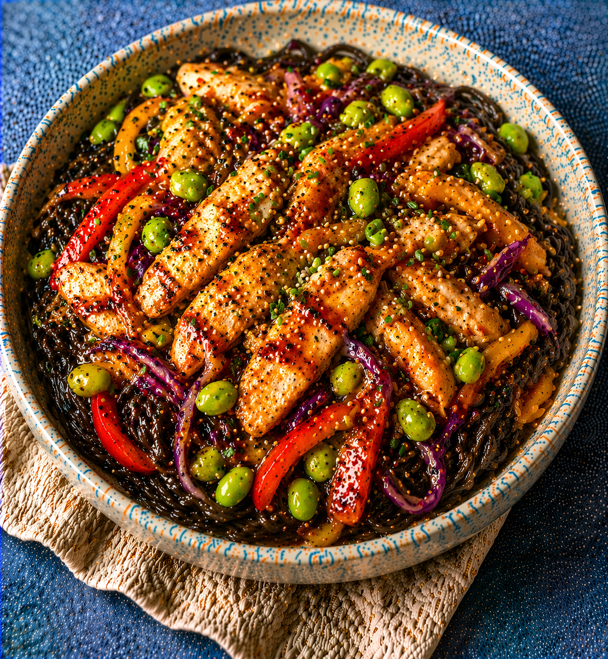 Ginger Chicken & Edamame Stir Fry with Black Bean Spaghetti
