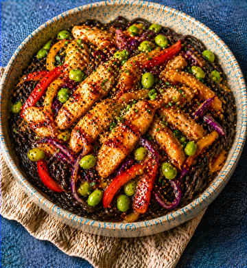 Ginger Chicken & Edamame Stir Fry with Black Bean Spaghetti