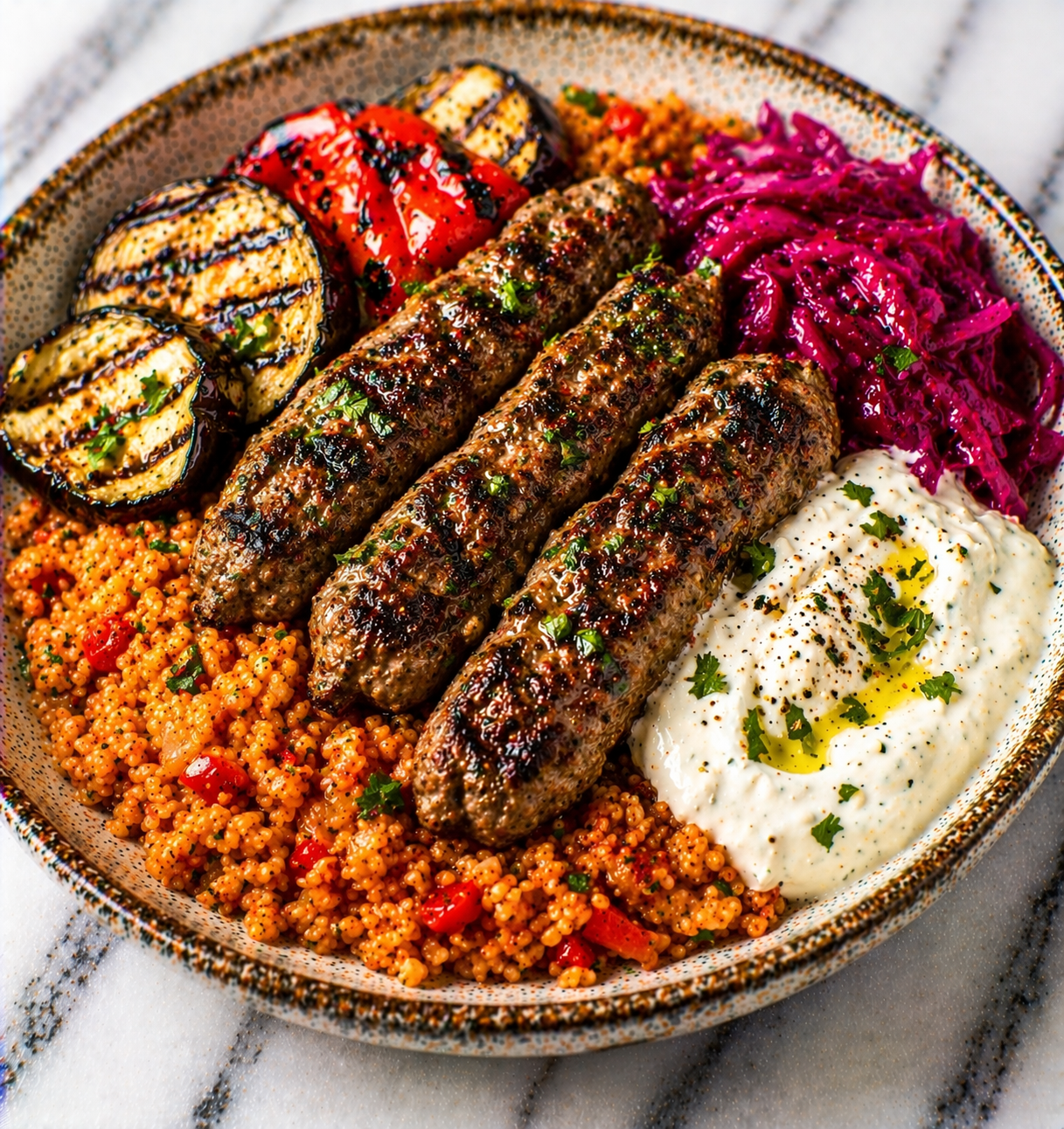 Grilled Beef Kuftas with Tomato Bulgur Pilaf