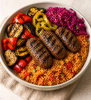 Grilled Beef Kuftas with Tomato Infused Bulgur Pilaf