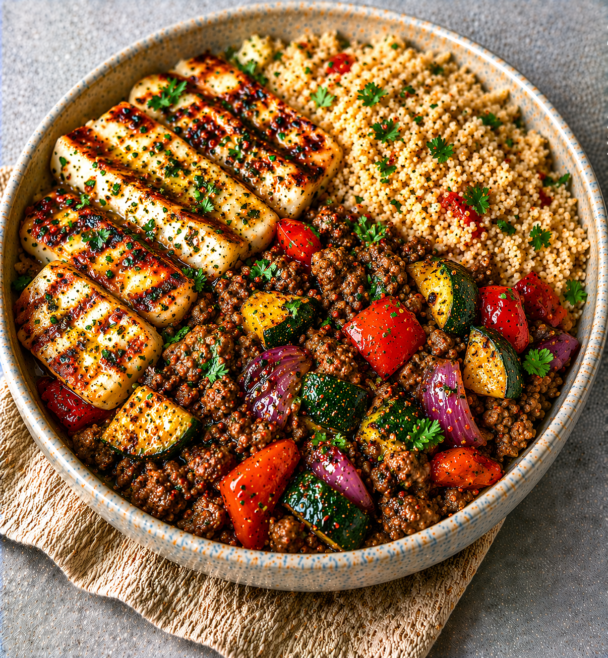 Halloumi and Mince Beef Couscous Bowl