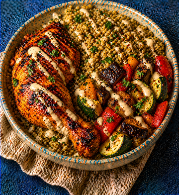 Harissa Chicken with Freekeh & Roasted Mediterranean Veg