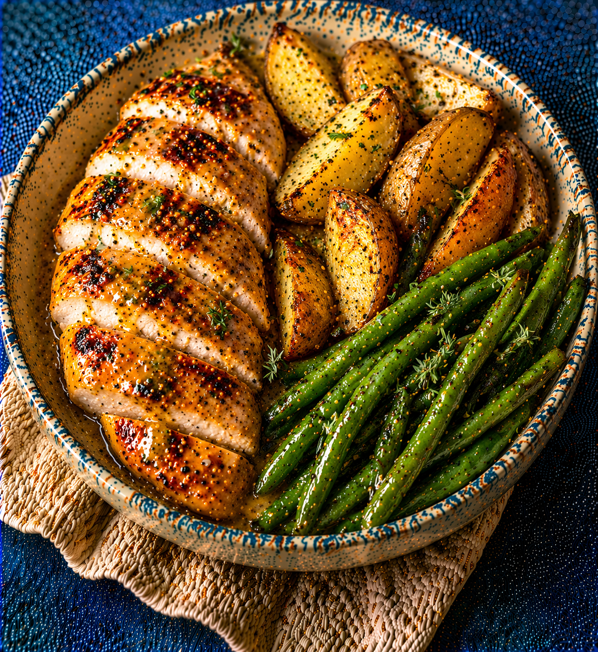 Honey Mustard Chicken with Potato Wedges & Green Beans