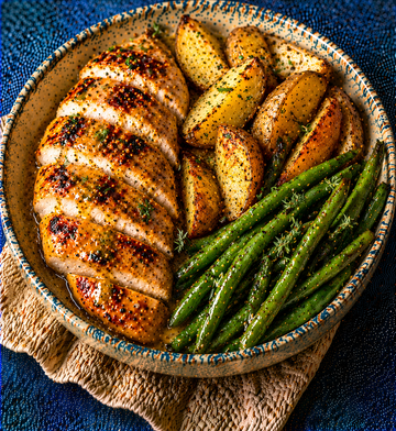 Honey Mustard Chicken with Potato Wedges & Green Beans