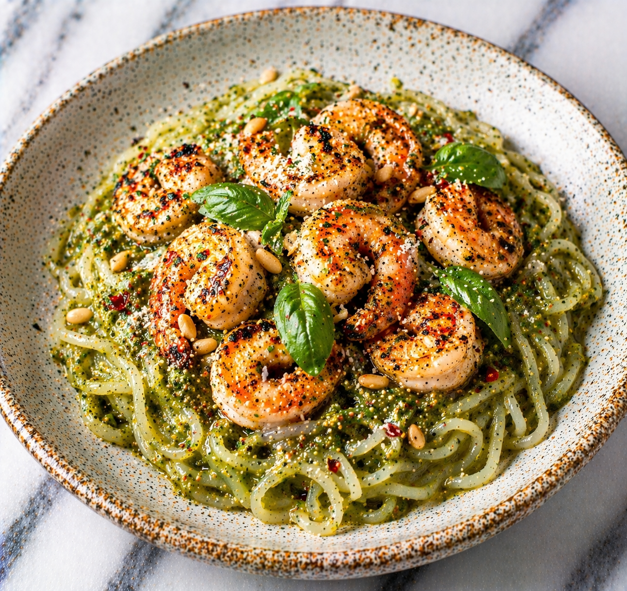 Konjac Noodles with Pesto and Grilled Shrimp