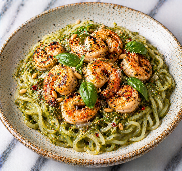 Konjac Noodles with Pesto and Grilled Shrimp
