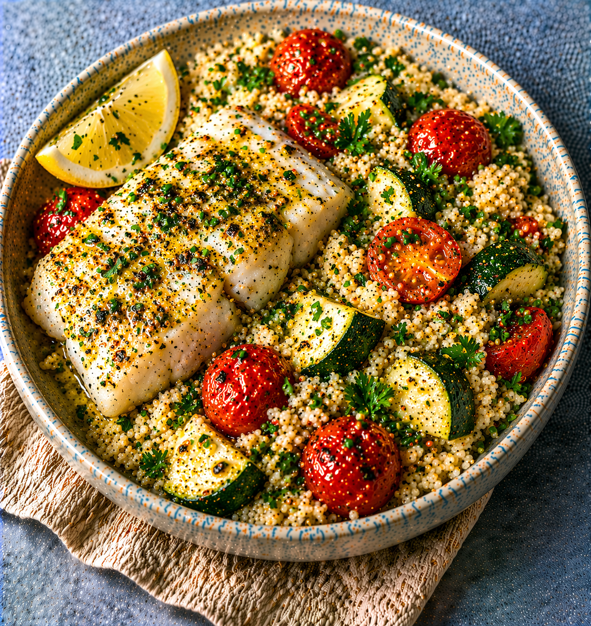 Lemon Herb Cod with Vegetable Couscous