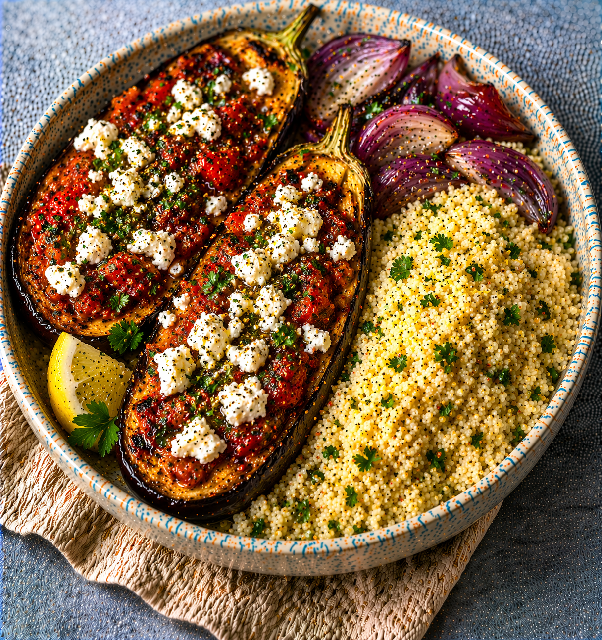 Mediterranean Baked Aubergine with Couscous & Feta
