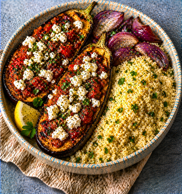 Mediterranean Baked Aubergine with Couscous & Feta