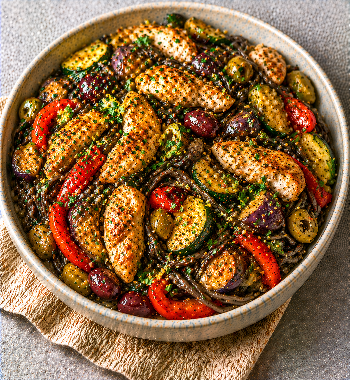 Mediterranean Chicken Stir Fry with Black Bean Noodles