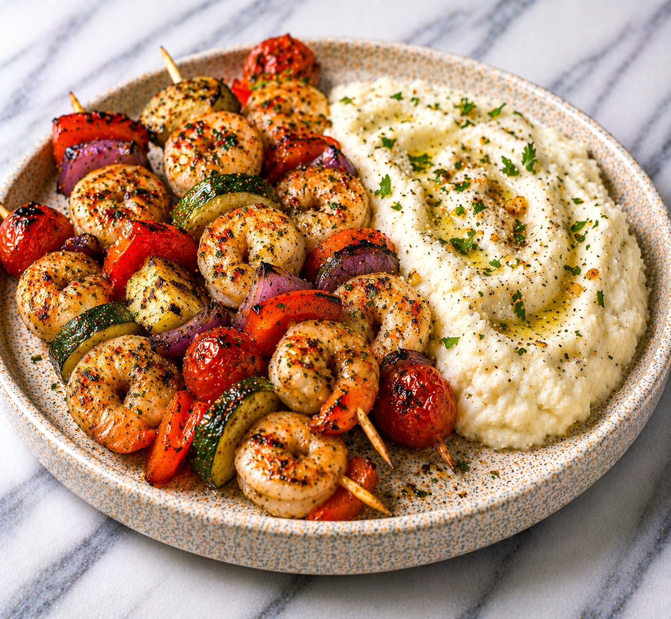 Shrimp and Veggie Skewers + garlic mashed cauliflower