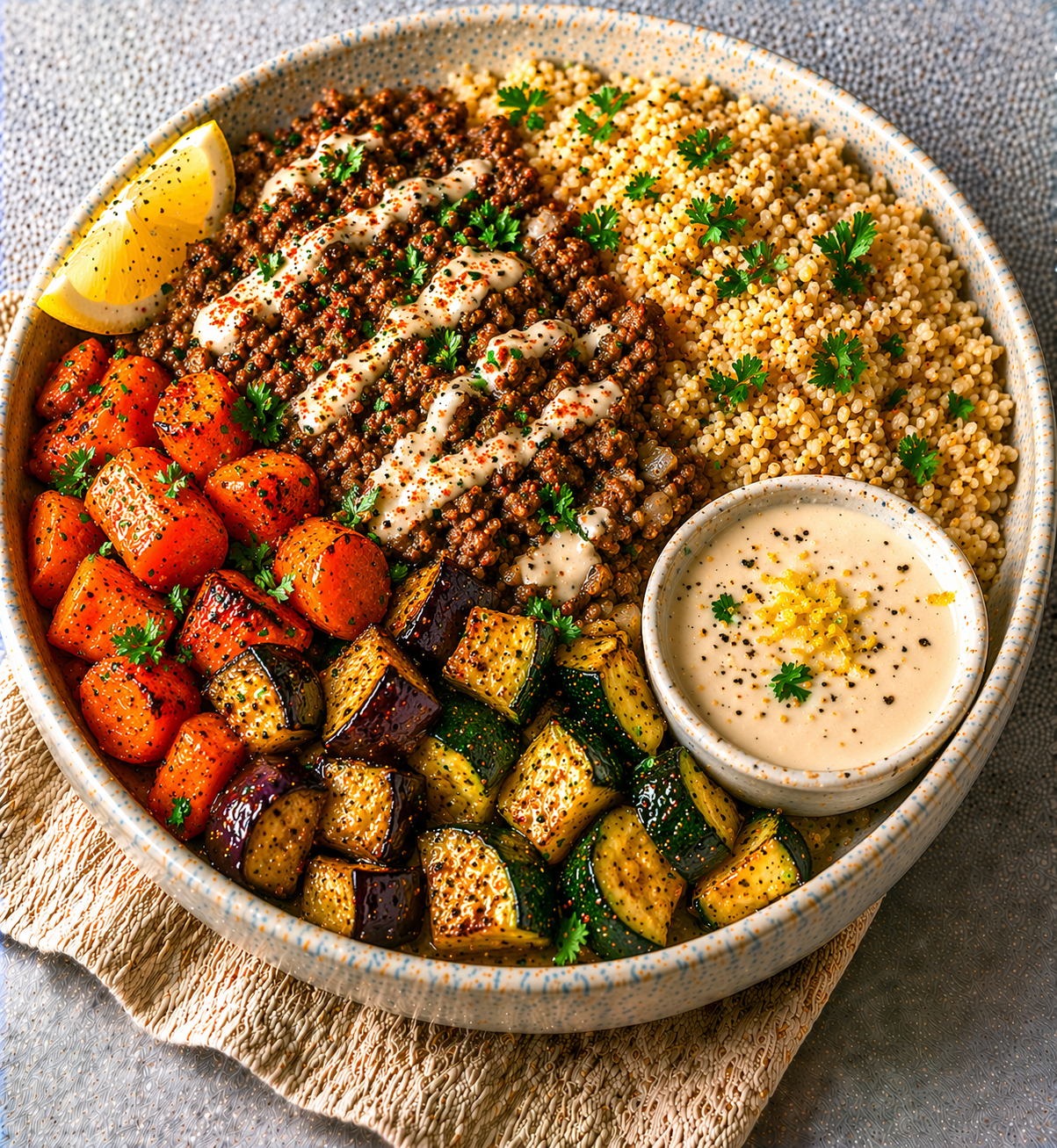 Spiced Beef & Bulgur Bowl with Tahini Sauce