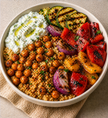 Spiced Chickpea & Bulgur Bowl with Grilled Veg and Tzatziki