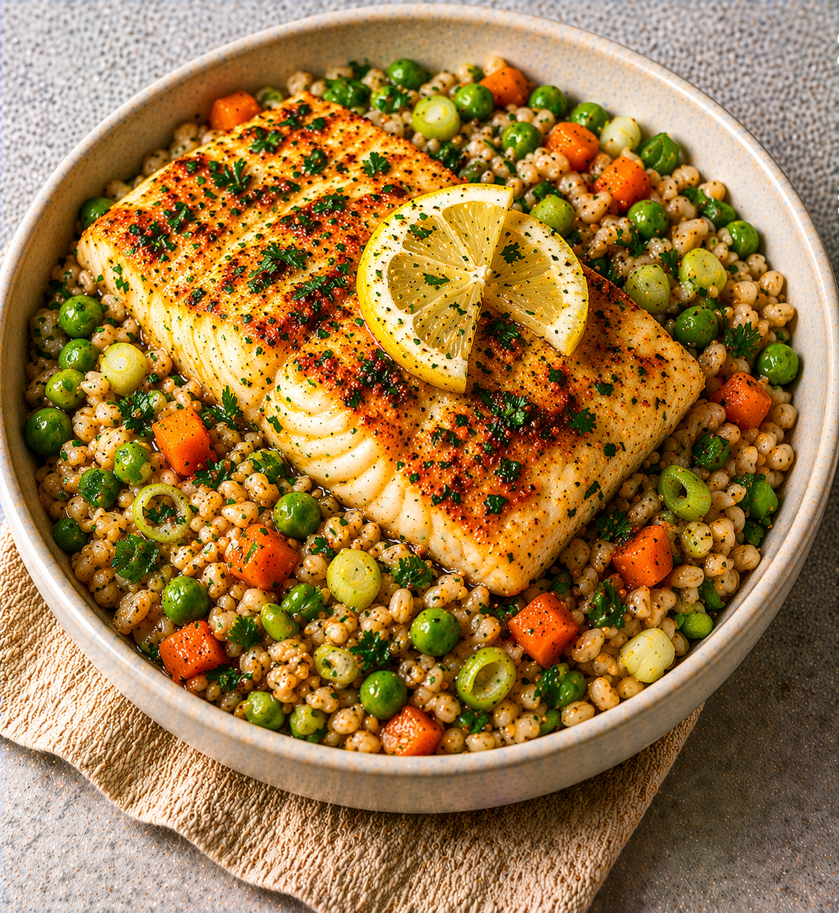 Spiced Cod with Pearl Barley Pilaf