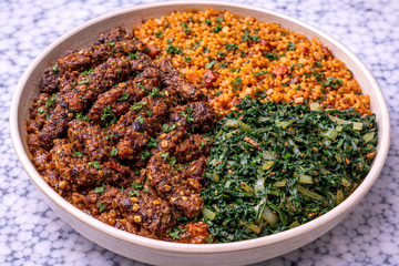 Suya Beef with Jollof Rice & Callaloo