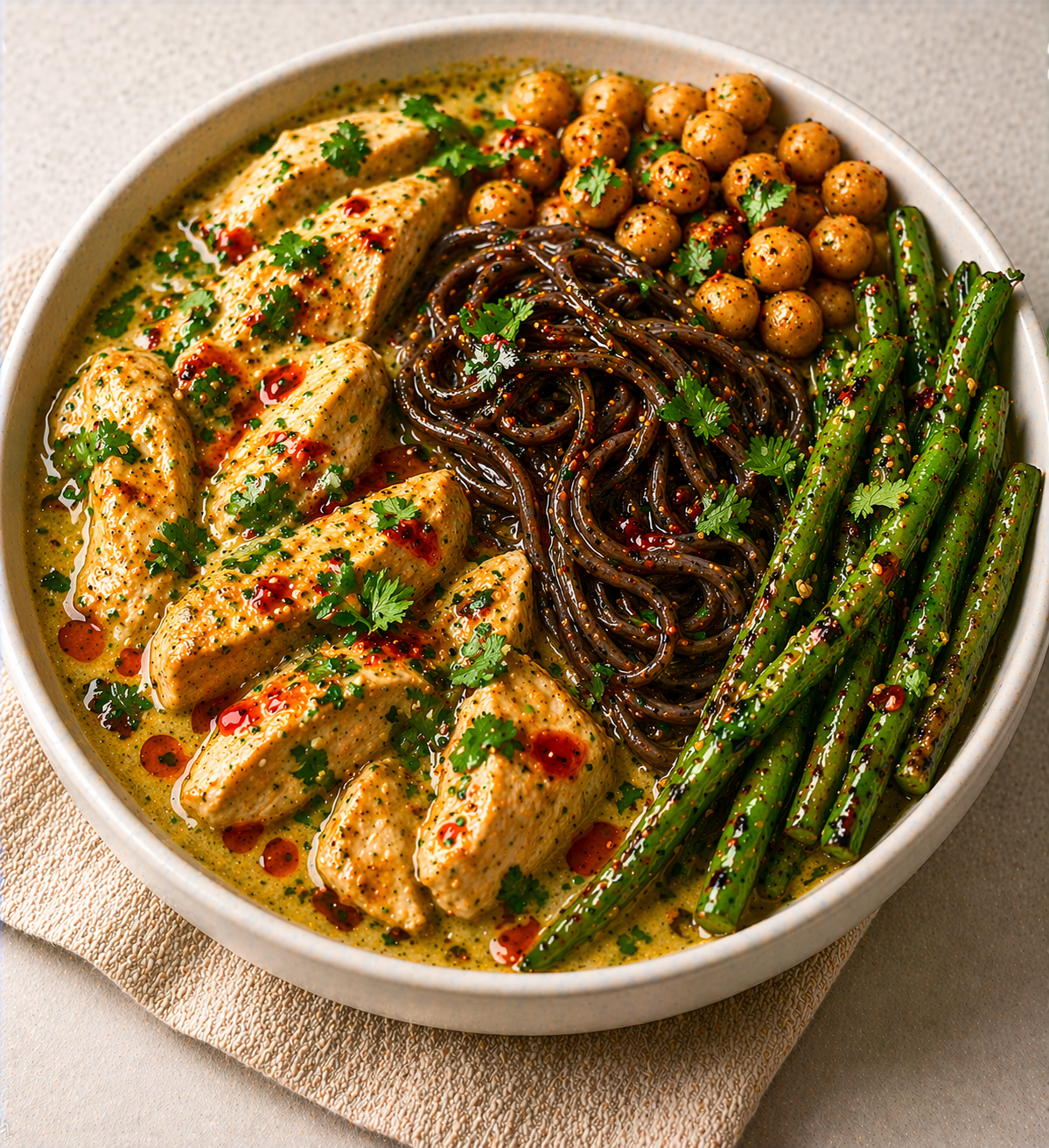 Thai Green Chicken Curry with Black Bean Noodles and Chickpeas