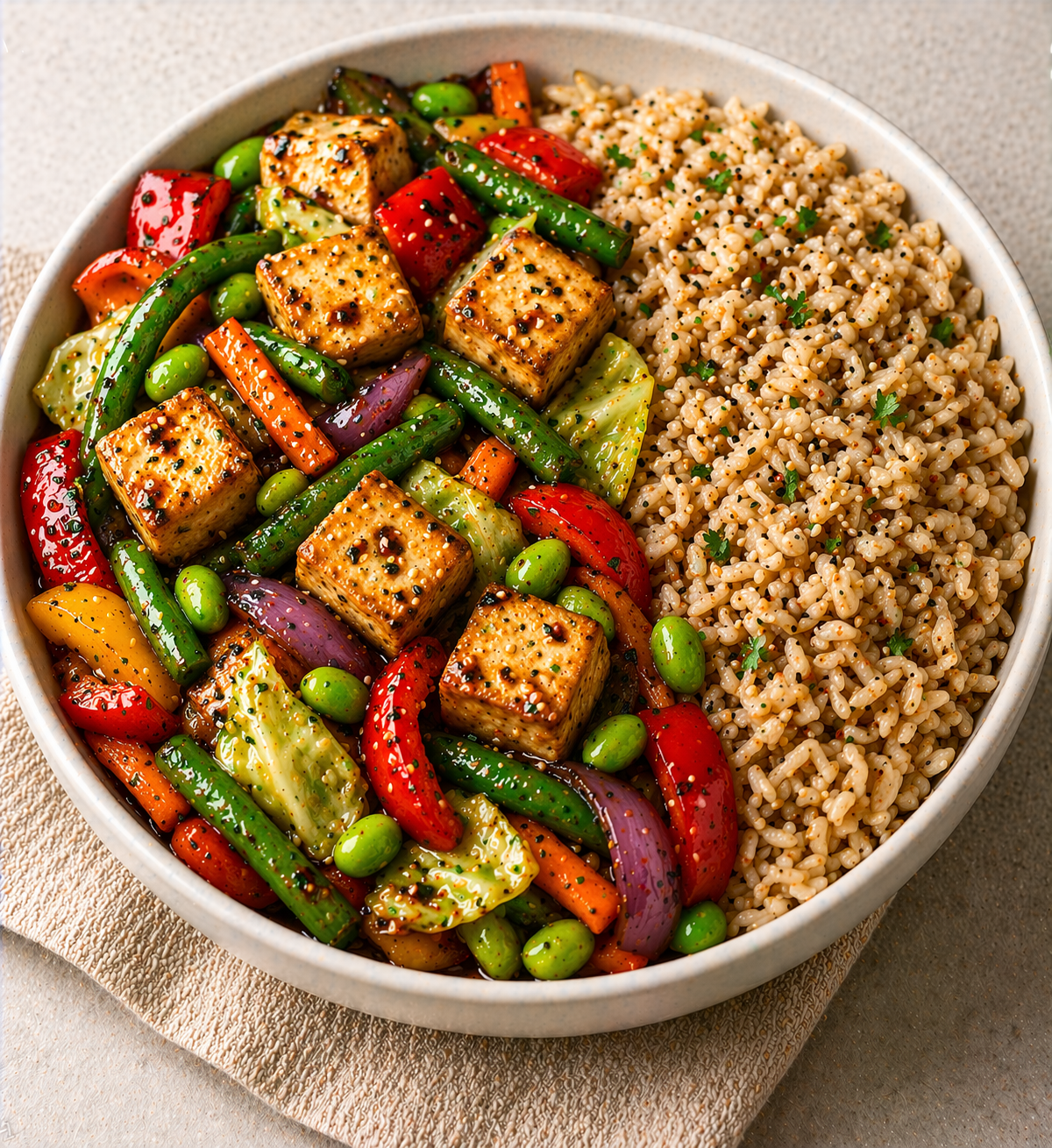 Tofu and Vegetable Stir Fry with Wholegrain Rice
